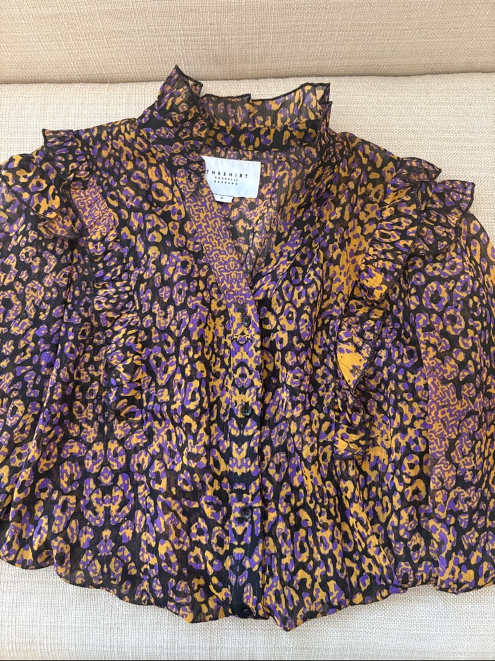 The Shirt by Rochelle Behrens Purple and Gold Leopard Print Ruffle Blouse